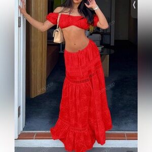 Red Two-Piece Off-Shoulder Crop Top & Maxi Skirt Set